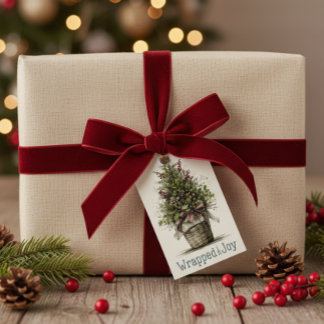 Étiquettes-cadeau Panier de Noël rustique "Enveloppé dans la joie"
