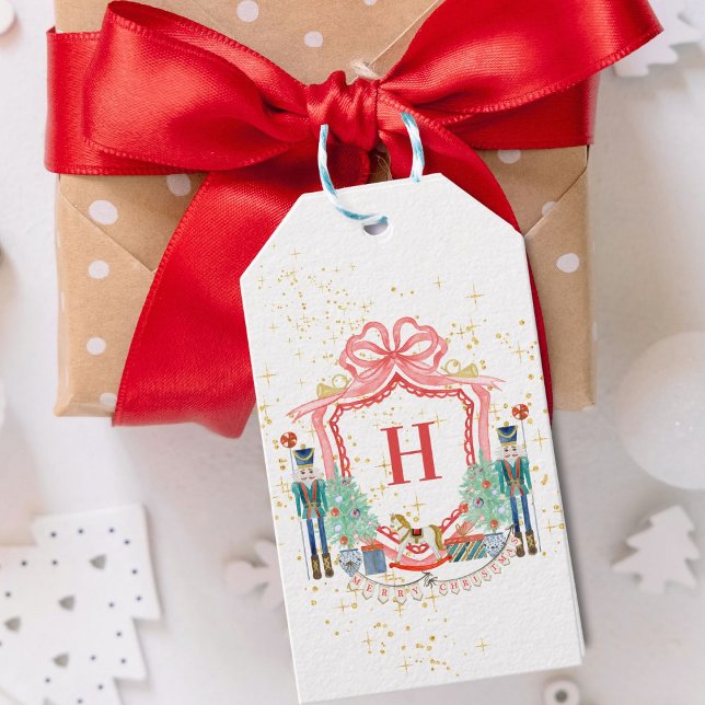 Étiquettes-cadeau Papier Carré Monogram Christmas Nutcracker Crest (Créateur téléchargé)