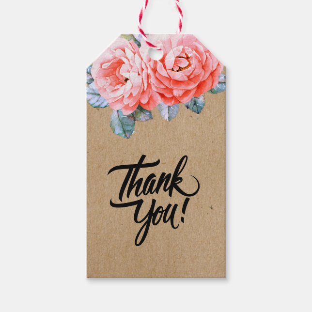 Étiquettes-cadeau Papier Craft Artisanal Aquarelle Fleurs Roses Cade (Devant)