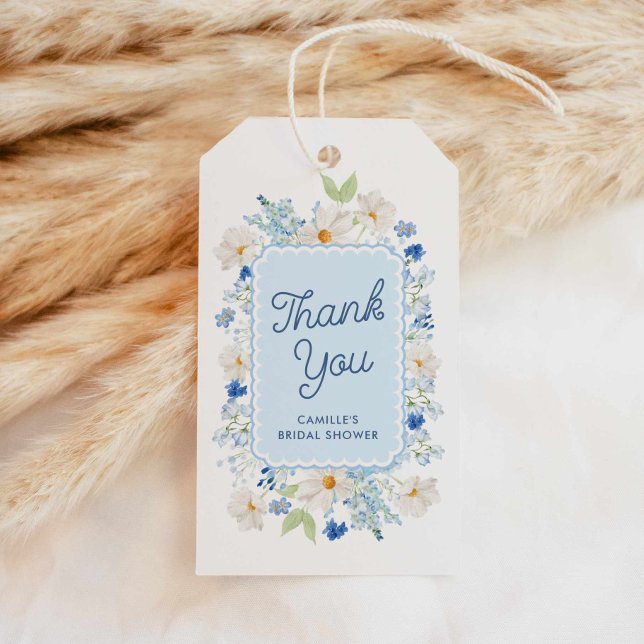 Étiquettes-cadeau Papier Fête des mariées Floral Bleu Favoriser les  (Blue Floral Bridal Shower Thank you tag)