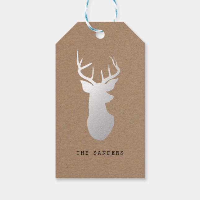 Étiquettes-cadeau Papier Rustique Kraft Reindeer Argent de Noël (Devant)