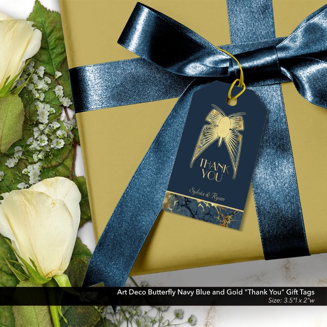 Étiquettes-cadeau Papillon Art déco Bleu Or "Merci" (Art Deco Butterfly Dark Blue and Gold "Thank You" Tags)
