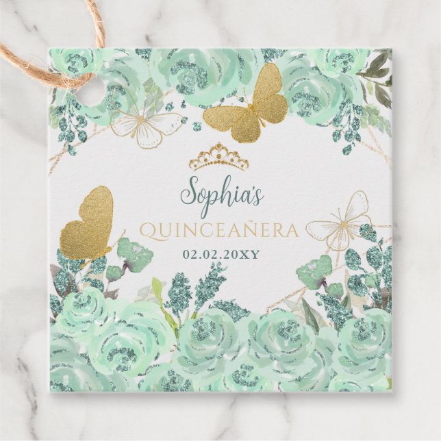 Étiquettes Cadeau Papillon floral à la menthe Quinceañera (Devant)