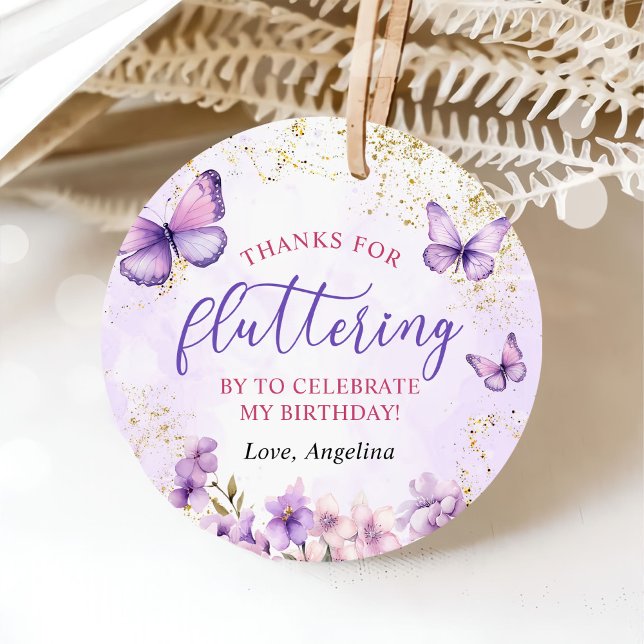 Étiquettes Cadeau Papillon floral pourpre et or 1er anniversaire (Créateur téléchargé)