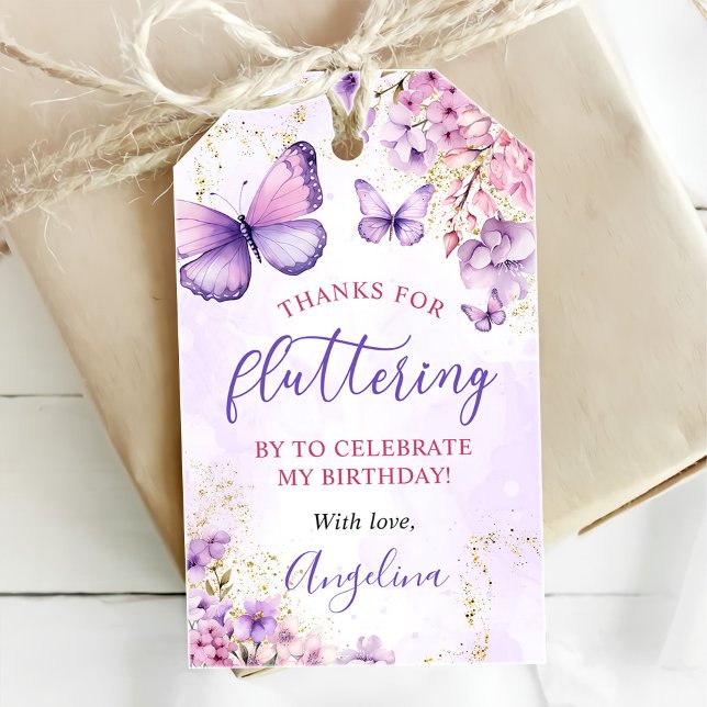 Étiquettes-cadeau Papillon floral pourpre et or 1er anniversaire (Créateur téléchargé)