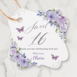 Étiquettes Cadeau Papillon floral violet Lilac Sweet sixteen argenté