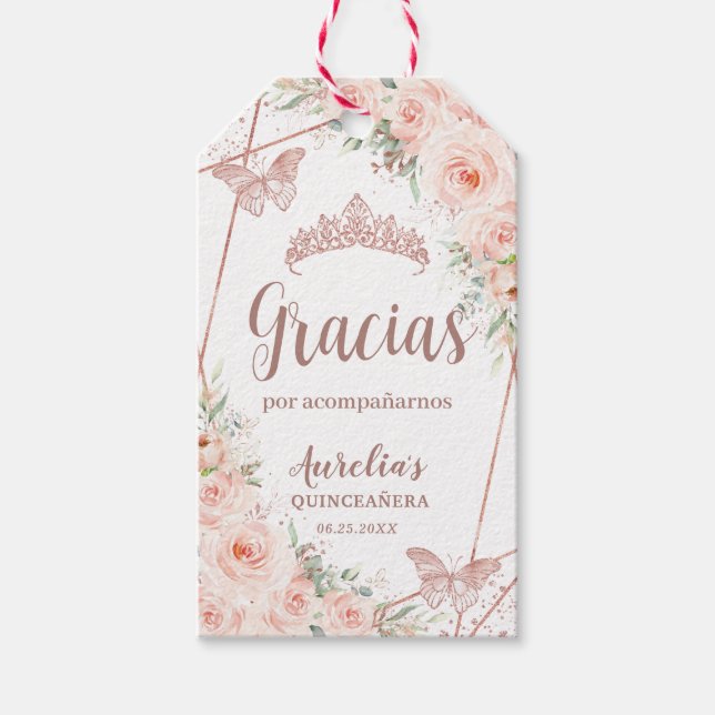 Étiquettes-cadeau Papillon Or Rose Floral Blush Quinceañera (Devant)