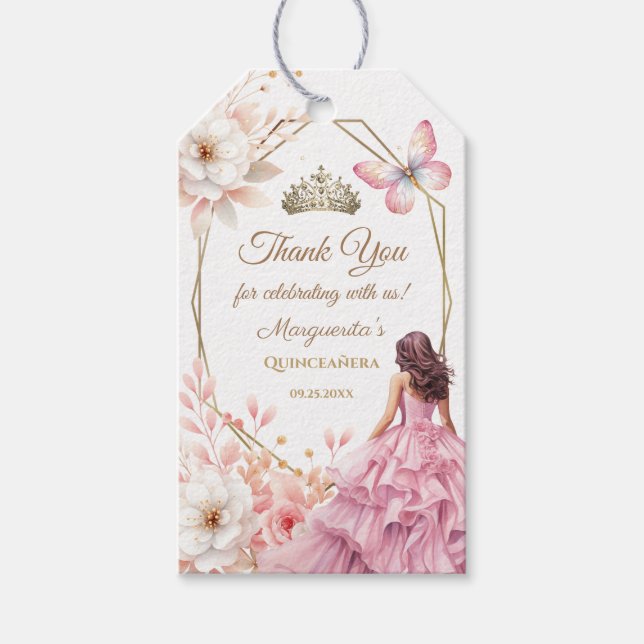 Étiquettes-cadeau Papillon princesse quinceañera bleu rose floral (Devant)