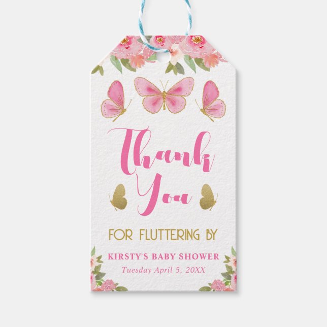 Étiquettes-cadeau Papillon rose et or Baby shower floral fille (Devant)