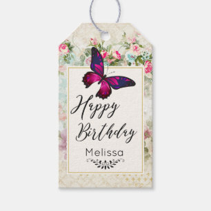 Étiquettes-cadeau Papillon rose et Shabby Roses Vintages Anniversair