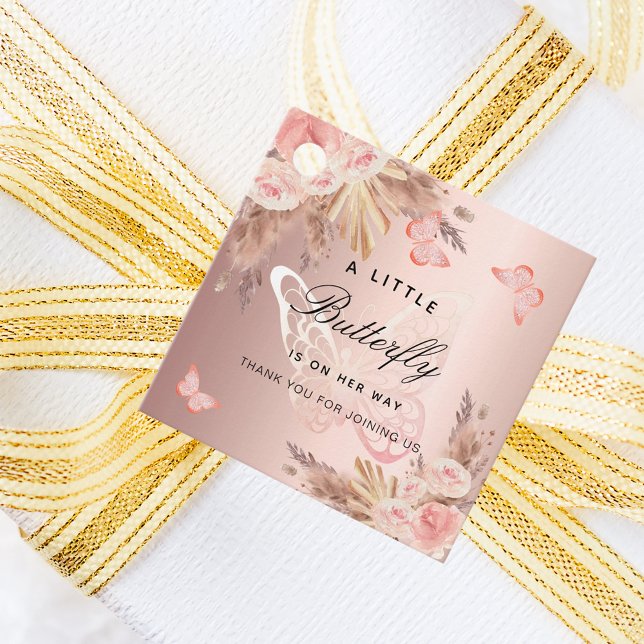 Étiquettes Cadeau Papillon rose or fleurons fille baby shower (Créateur téléchargé)