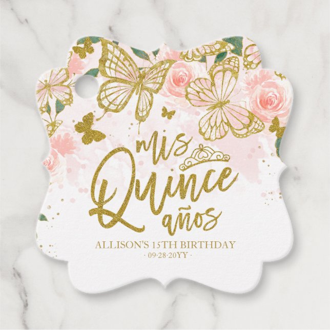 Étiquettes Cadeau Papillon rose pâle Floral Quinceanera Party Favo (Devant)