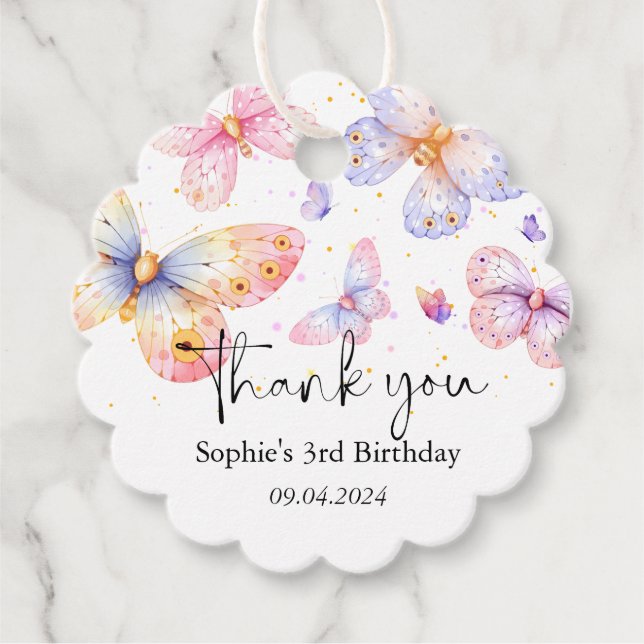 Étiquettes Cadeau Papillon rose pourpre Fille Tous les âges Annivers (Devant)
