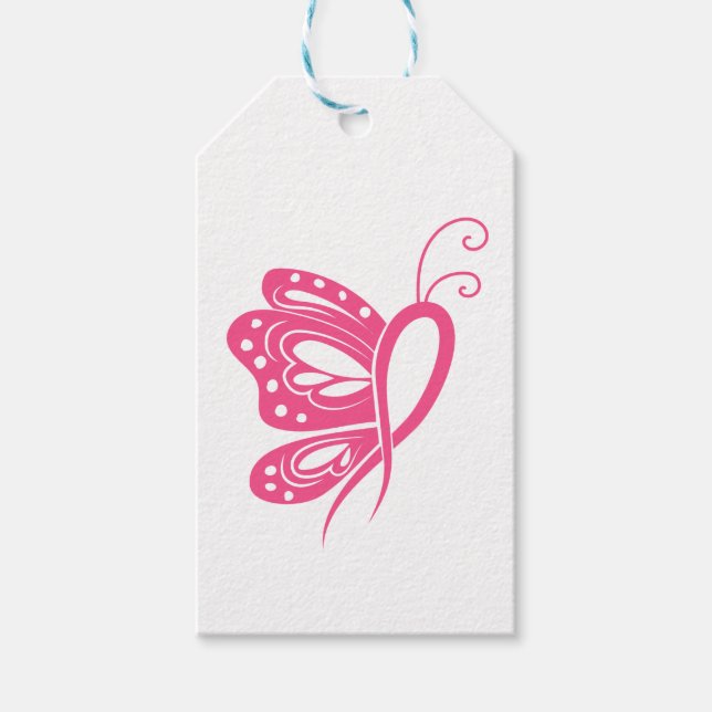Étiquettes-cadeau Papillon rose Ruban Lutteur Cancer du sein (Devant)