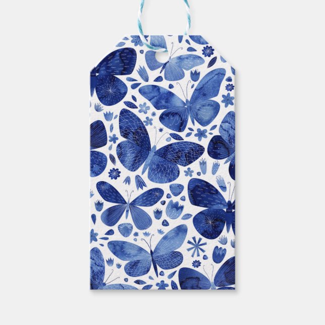 Étiquettes-cadeau Papillons Aquarelle Bleu (Devant)
