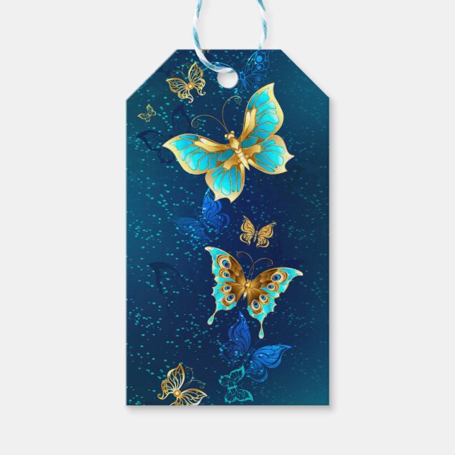 Étiquettes-cadeau Papillons d'or sur un Arrière - plan bleu (Devant)