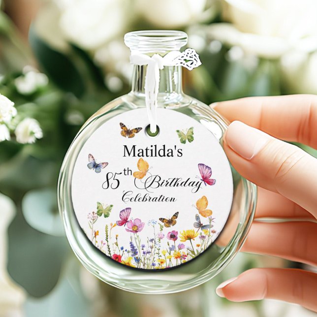 Étiquettes Cadeau Papillons et Fleurs sauvages Élégant 85e anniversa (Créateur téléchargé)