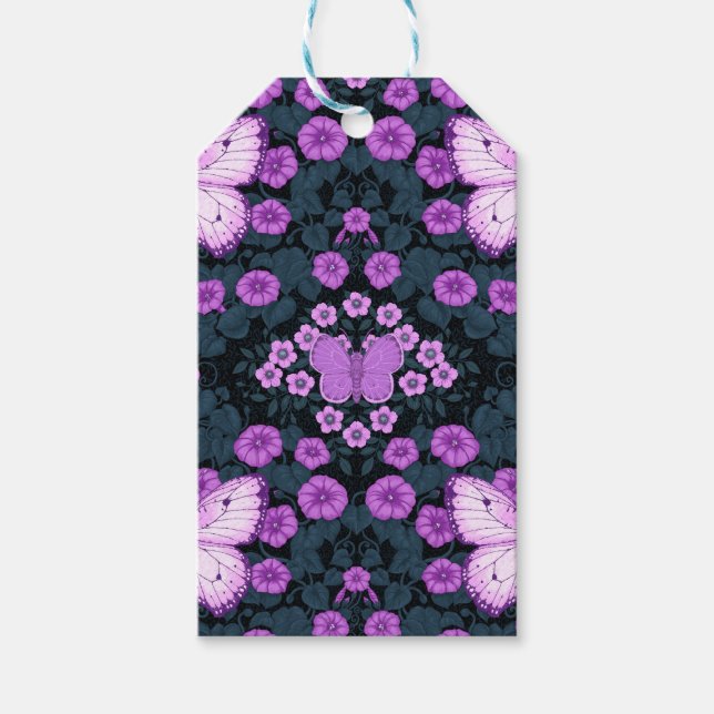 Étiquettes-cadeau Papillons et symétrie des fleurs, violet et bleu (Devant)