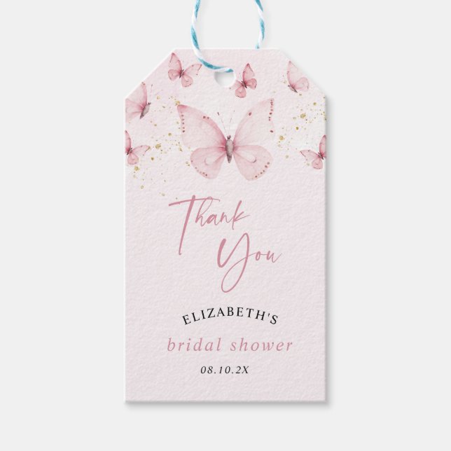 Étiquettes-cadeau Papillons Fête des mariées or rose Merci (Devant)