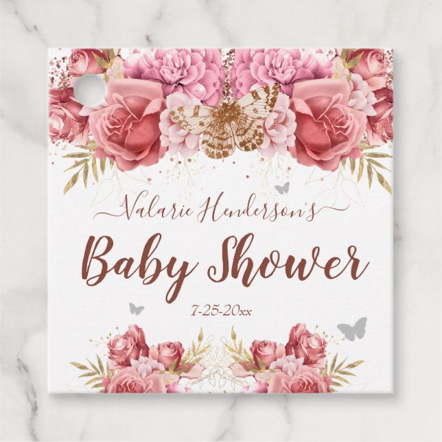Étiquettes Cadeau Papillons floraux Baby shower rose (Devant)