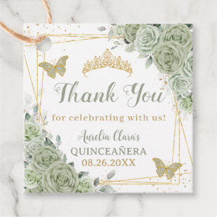 Étiquettes Cadeau Papillons floraux d'or Quinceañera Sage Green