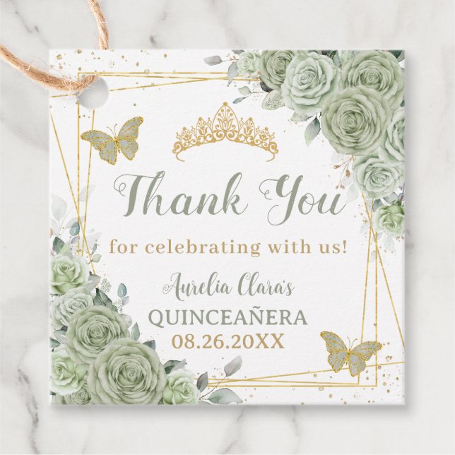 Étiquettes Cadeau Papillons floraux d'or Quinceañera Sage Green (Devant)