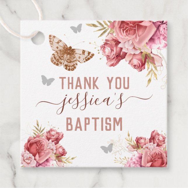 Étiquettes Cadeau Papillons floraux Merci rose Baptême (Devant)