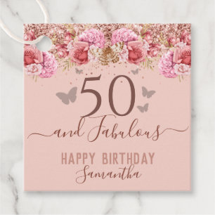 Étiquettes Cadeau Papillons floraux rose joyeux 50e anniversaire