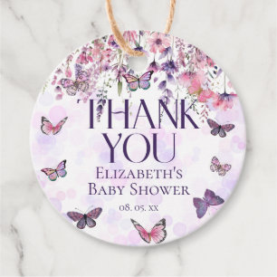Étiquettes Cadeau Papillons rose pourpre et Baby shower Fleur sauvag