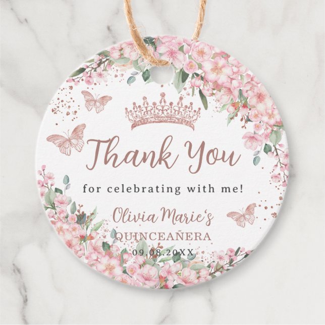 Étiquettes Cadeau Papillons Roses en fleurs de cerisier Quinceañera (Devant)