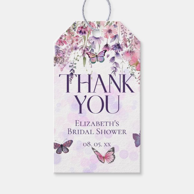 Étiquettes-cadeau Papillons violets rose et Merci Fleur sauvage (Devant)