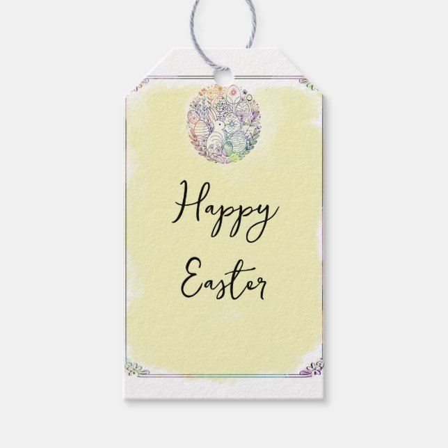 Étiquettes-cadeau Pâques Pastel Lapin Oeufs Lapin Jaune Aquarelle (Devant)