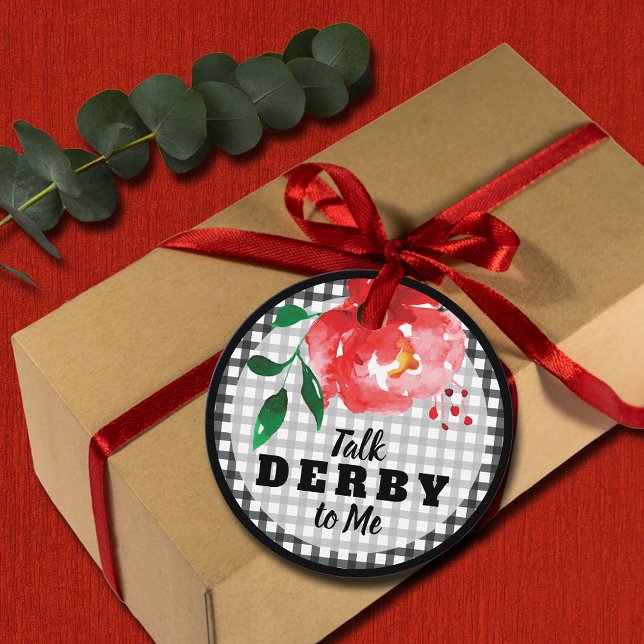 Étiquettes Cadeau Parlez de Derby à Me Red Rose sur En vichy (Talk Derby to Me red rose on black and white gingham round favor tags)