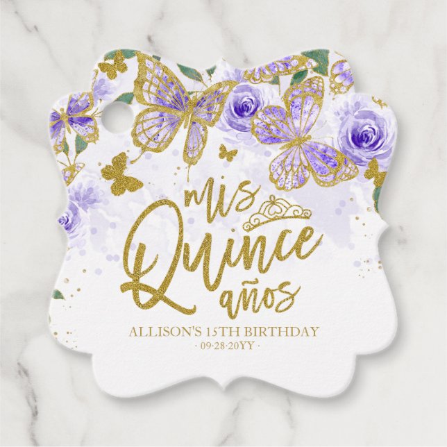 Étiquettes Cadeau Parti Quinceanera Florale de papillon pourpre (Devant)