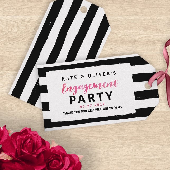 Étiquettes-cadeau Partie d'engagement Chic Black & White Stripes (Créateur téléchargé)
