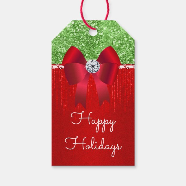 Étiquettes-cadeau Parties scintillant arc en satin vert rouge do-it- (Devant)