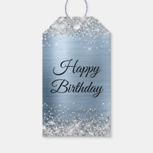 Étiquettes-cadeau Parties scintillant Argent Bleu Joyeux anniversair