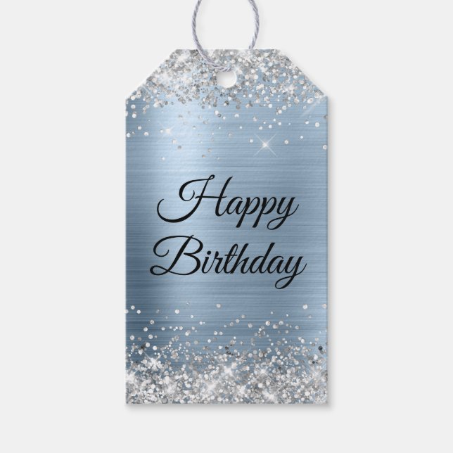 Étiquettes-cadeau Parties scintillant Argent Bleu Joyeux anniversair (Devant)