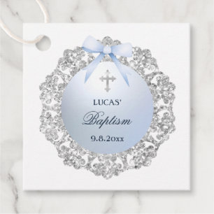 Étiquettes Cadeau Parties scintillant Argent Cadre Bleu Bow Baptême