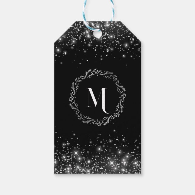 Étiquettes-cadeau Parties scintillant Argent Et Noir Élégant Monogra (Devant)