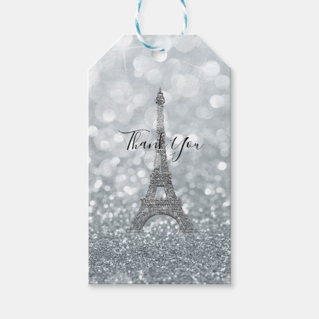 Étiquettes-cadeau Parties scintillant Argent Sparkle Bling Tour Eiff (Devant)