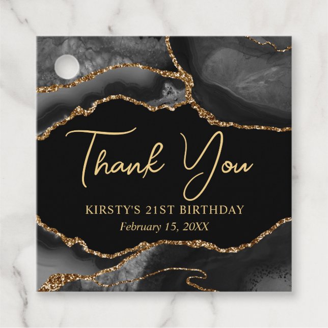 Étiquettes Cadeau Parties scintillant Black and Gold Faux Agate Anni (Devant)