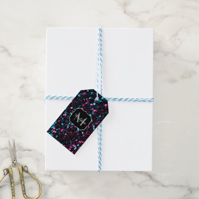 Étiquettes-cadeau Parties scintillant brillante en mosaïque bleue ro (Avec de laficelle)
