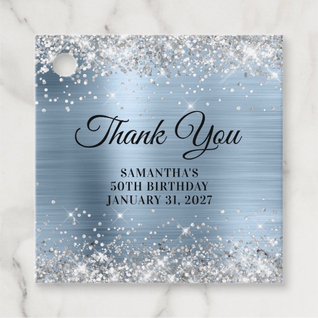 Étiquettes Cadeau Parties scintillant d'argent bleu Monogramme Anniv (Devant)