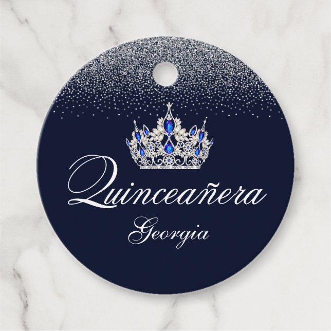 Étiquettes Cadeau Parties scintillant d'argent et Quinceañera bleu (Devant)