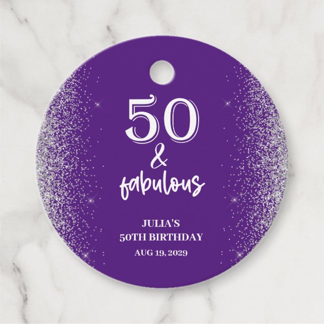 Étiquettes Cadeau Parties scintillant d'argent violet 50e fête d'ann (Devant)