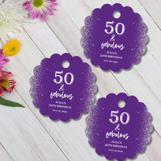 Étiquettes Cadeau Parties scintillant d'argent violet 50e fête d'ann (Créateur téléchargé)
