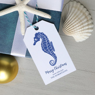 Étiquettes-cadeau Parties scintillant de Noël côtière Seahorse Marin