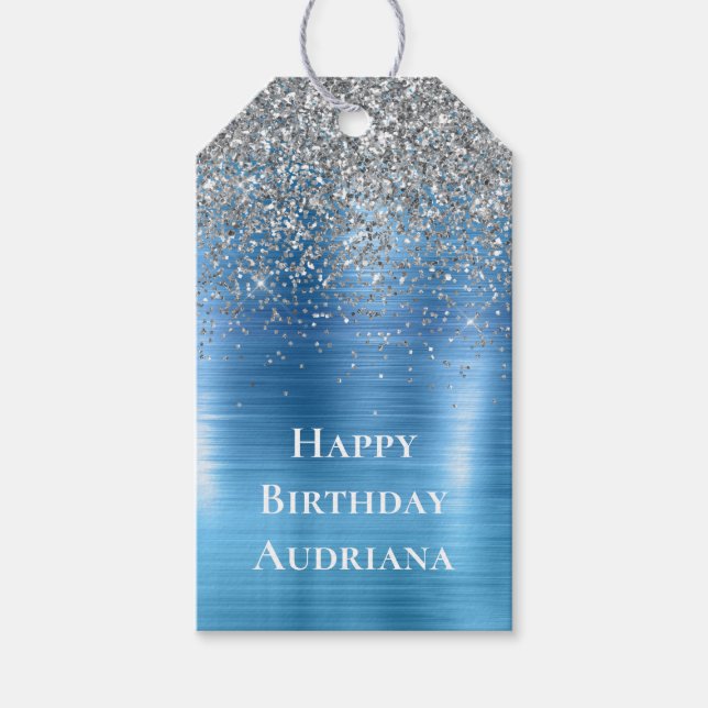 Étiquettes-cadeau Parties scintillant d'étincelle en argent bleu per (Devant)