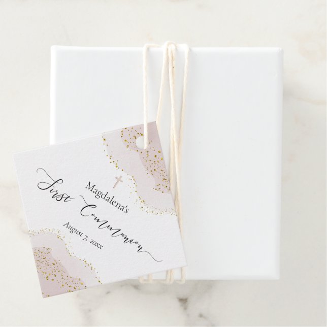 Étiquettes Cadeau parties scintillant d'or faux or rose première com (En situation)